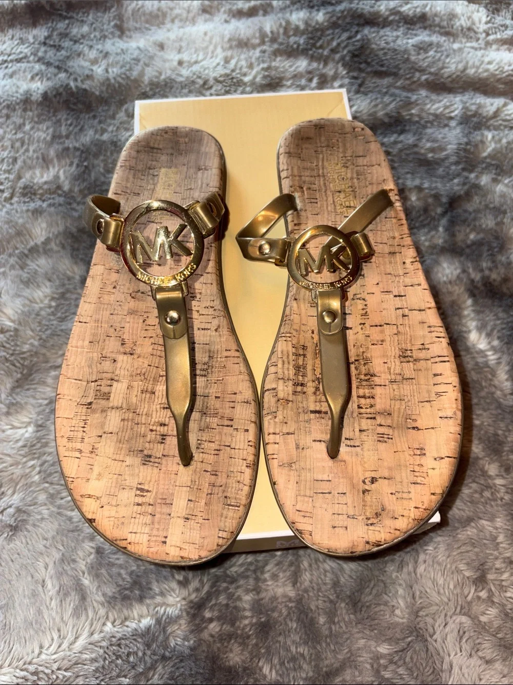 Michael Kors Metallic Gold MK Logo Cork-Style Thong Sandals